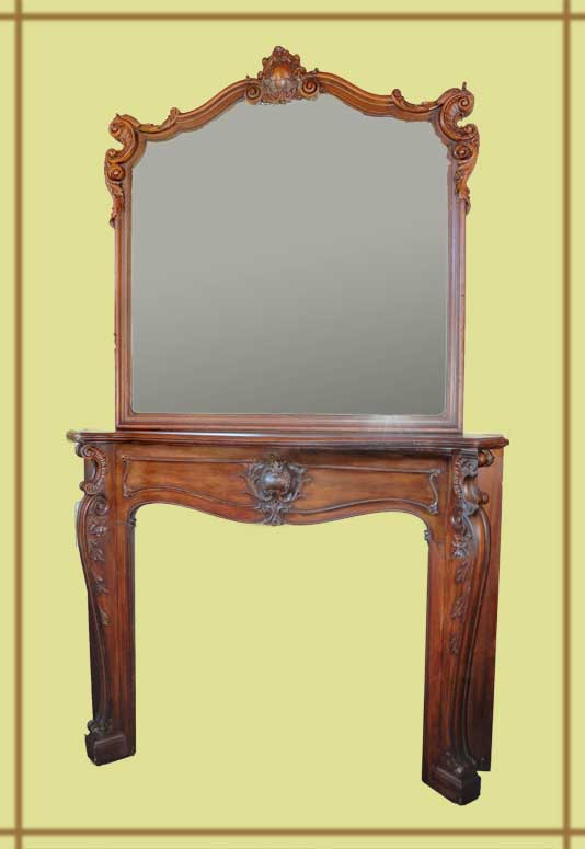 Louis XV-Style Walnut Full Mantel, with Large Mirror