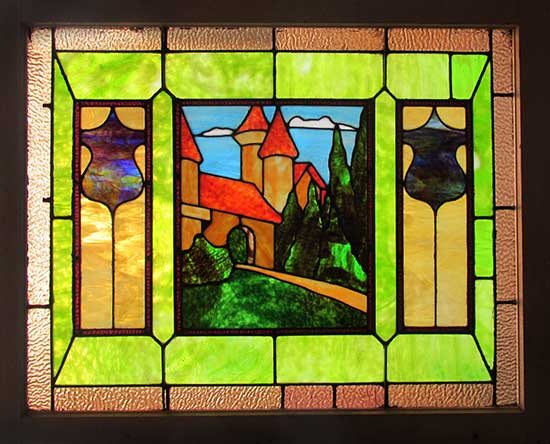 Stained Glass Window with Castle in Center