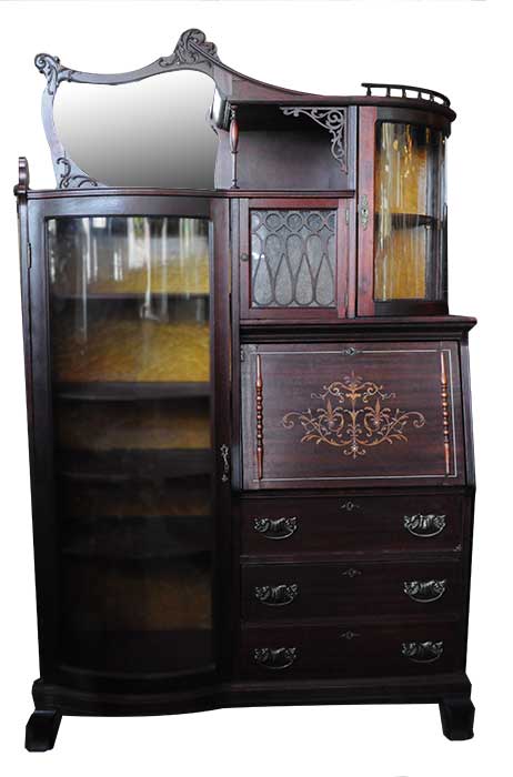 Mahogany Side-by-Side Secretary, with Curved Glass Doors, Beveled Mirror & Inlay Desk Cover