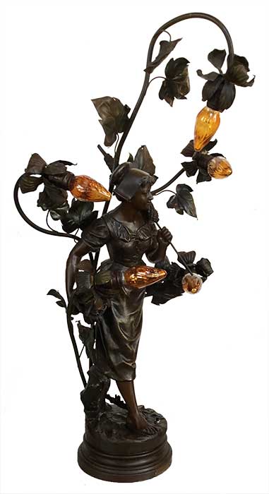 Newel Lamp, with Female Figure & Five Fixtures