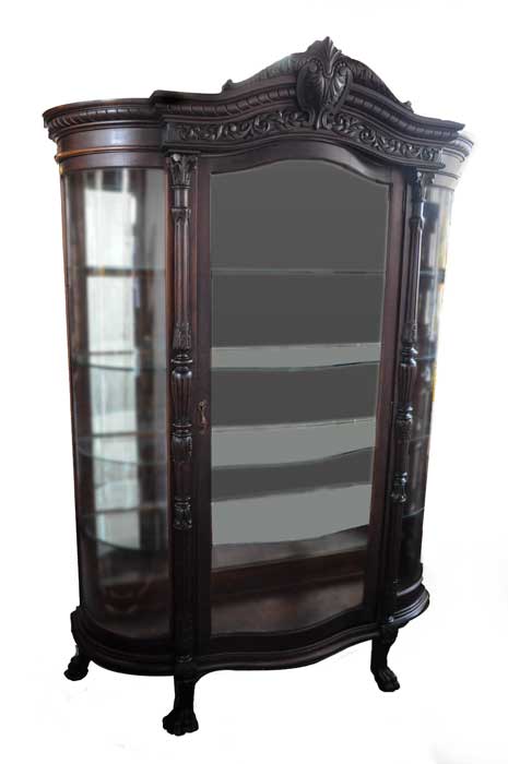 Large Mahogany China Cabinet With Curved Glass Door Wooden