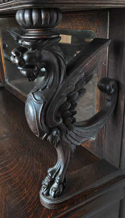Finely Carved Oak Sideboard, with Griffins & Back Mirror