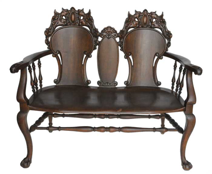 1890 Carved Two-Seat Bench, with Griffins