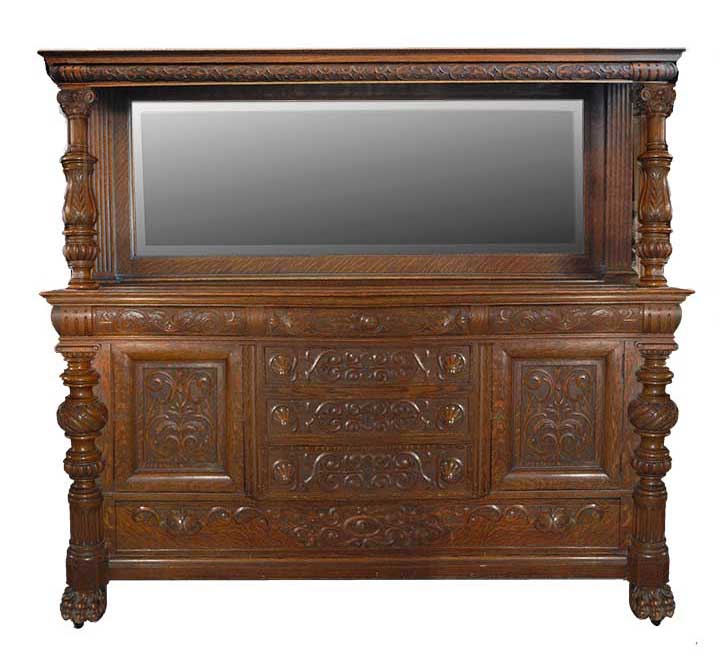 Carved Oak Sideboard, w/Large Beveled Mirror