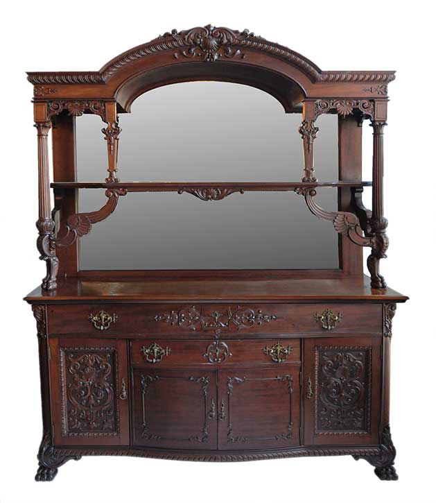 Highly Carved Mahogany Sideboard, w/Large Beveled Mirrors