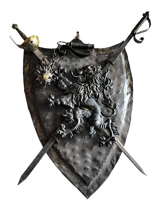 Iron Shield & Swords Set, with Lion Figure