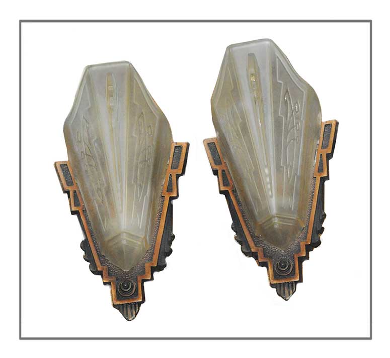 Pair of Art Deco Slipper Sconces, with Wood Bases & Glass Shades