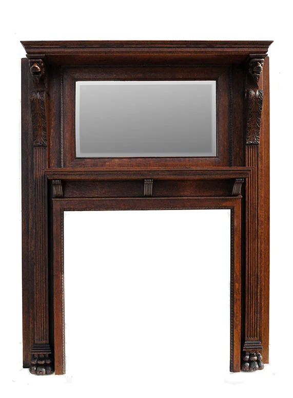 Carved Oak Full Mantel, with Beveled Mirror & Lion Heads - Wooden