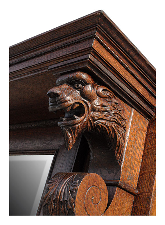Carved Oak Full Mantel, with Beveled Mirror & Lion Heads
