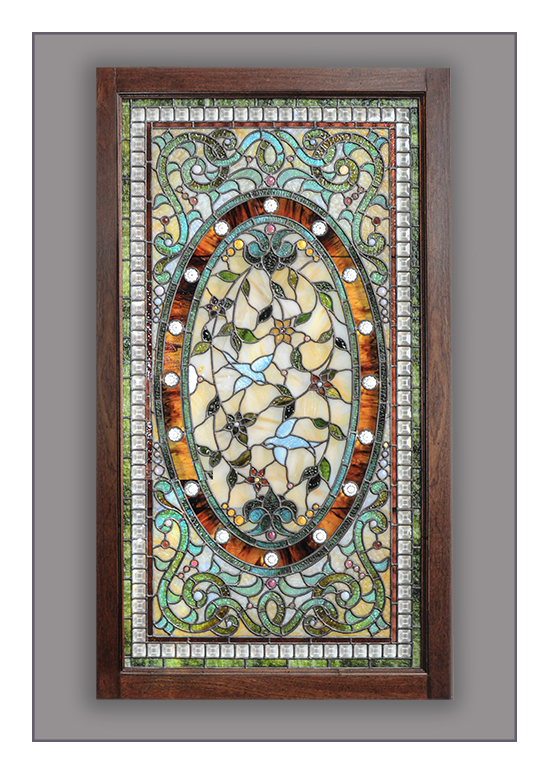 Custom Stained Glass Window, with Birds, Flowers & Jewel Cuts