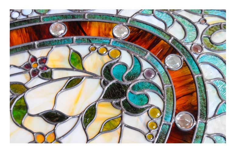 Custom Stained Glass Window, with Birds, Flowers & Jewel Cuts