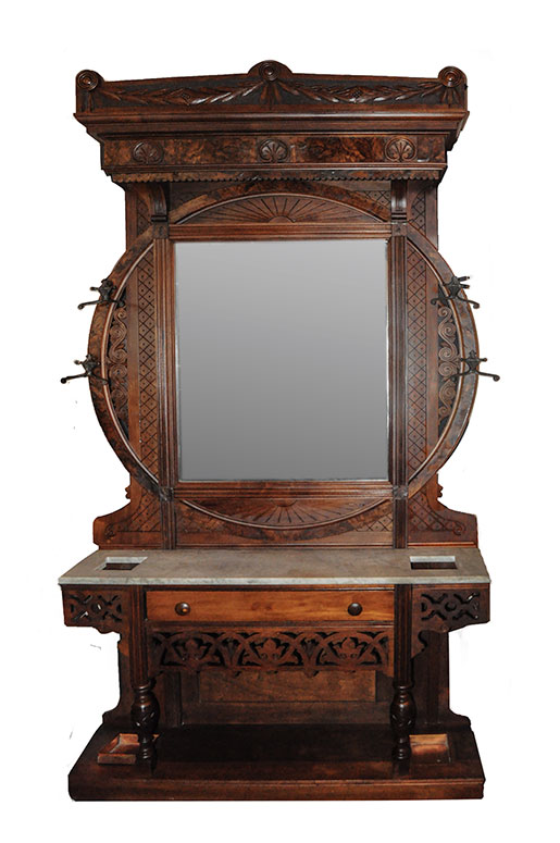 Deeply Carved Walnut Hall Tree, with Large Mirror