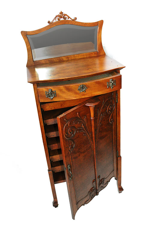 Small Carved Mahogany Music Cabinet, with Beveled Mirror