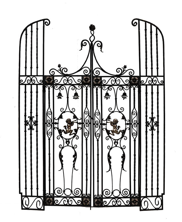 Pair of Finely Crafted Interior Iron Gates, with Brass Pan Figures