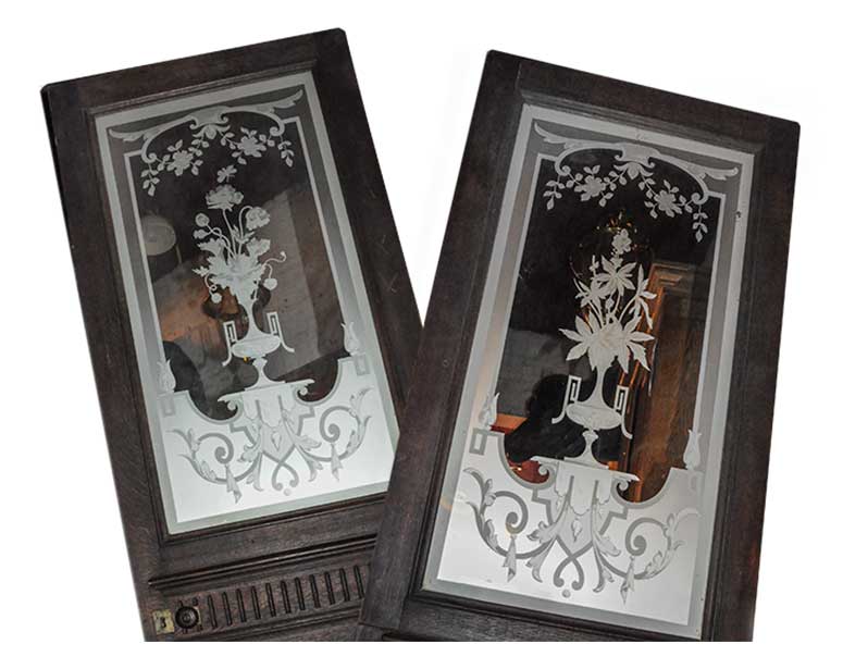 Pair of Mirrored Glass Doors, with Stenciled Artwork
