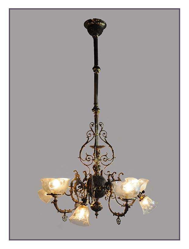 Eight-Light Brass Chandelier, with Frosted Shades