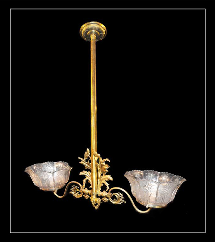 Two-Armed Brass Light, with Filigree & Antique Shades