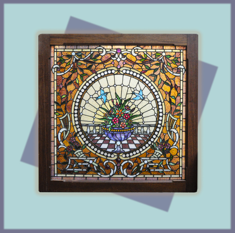 Large, Square Stained Glass Window, with Mahogany Frame & Jewel Cuts