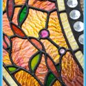 Large, Square Stained Glass Window, with Mahogany Frame & Jewel Cuts