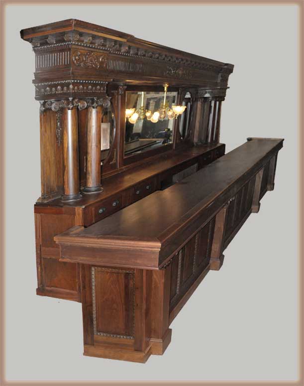 Exquisite 16-Foot Mahogany Front & Back Bar, with Beveled Mirrors
