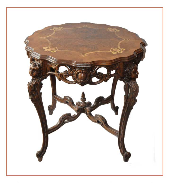Small, Carved Round Table, with Inlaid Top