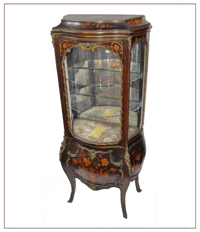 Carved Mahogany Vitrine, with Inlays & Curved Glass Door