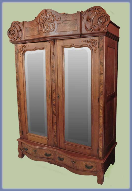 Large Walnut American Wardrobe, with Beveled Mirrors