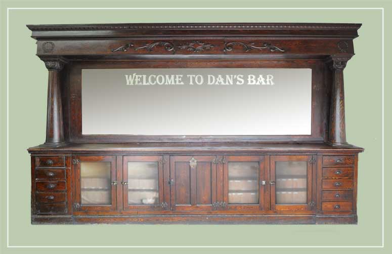 Vintage 16-Foot Oak Saloon Front & Back Bar, with Painted Mirror