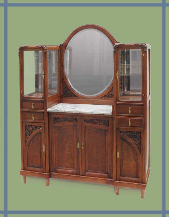 Walnut French Curio Server, with Burls, Mirrors & Marble Shelf