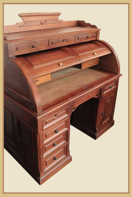 Carved Walnut Rolltop Desk, with Cylinder Cover