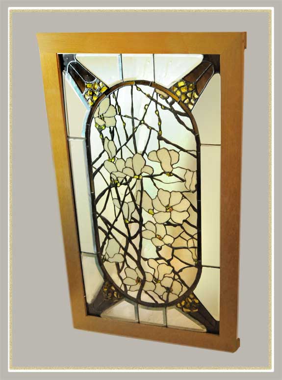 1970s Floral Stained Glass Window, Signed by Artist