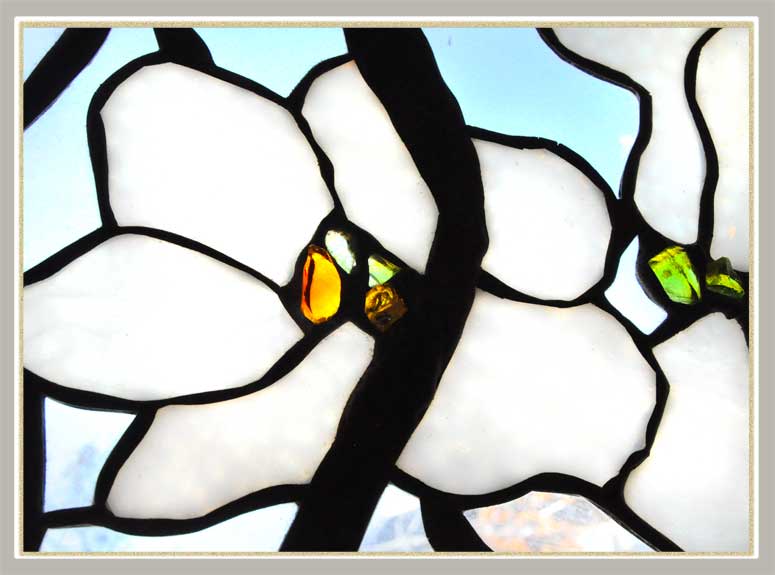 1970s Floral Stained Glass Window, Signed by Artist