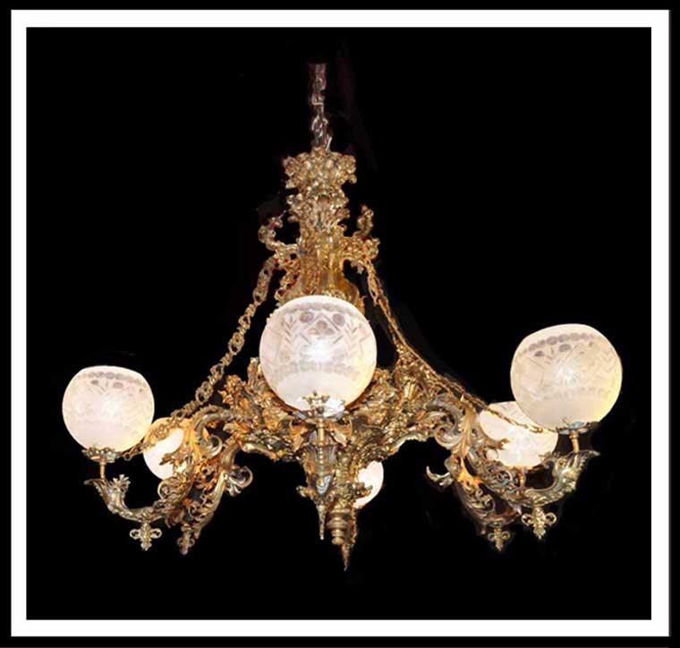 Ornate Filigree Cornelius-Style Chandelier, with Wheel-Cut Shades