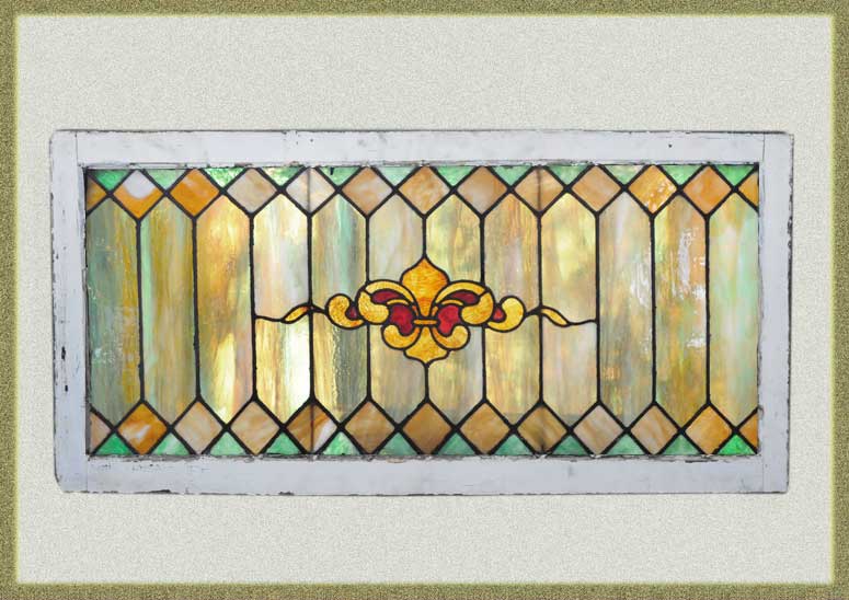 Patterned Stained Glass Window, with Fleur-de-Lis Center Emblem
