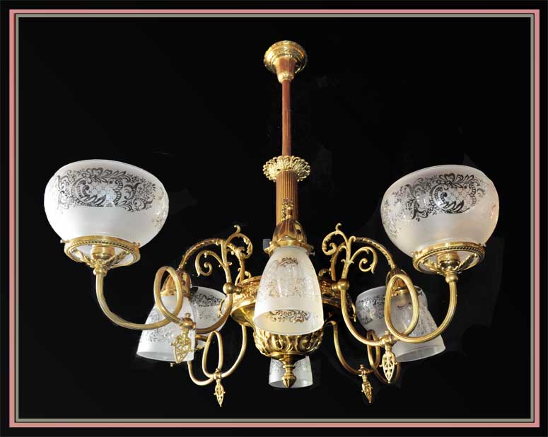 Lovely 8-Armed Gas/Electric Chandelier with Embossed Shades