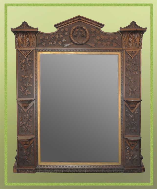 Large Cincinnati Art Carved Mirror, with Crown & Side Shelves
