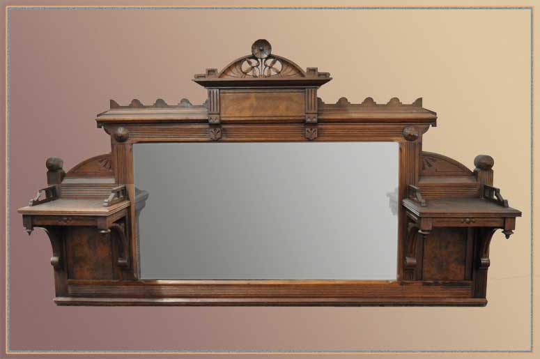 Small Carved Walnut Overmantel Mirror, with Flower Accent