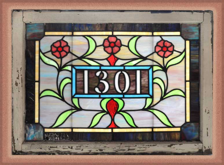Colorful, Small Window, with “1301” Address & Floral Art