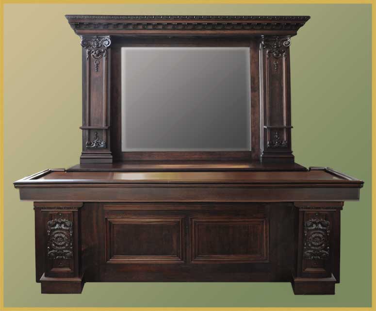 Carved Walnut Saloon Front & Back Bar, with Beveled Mirror