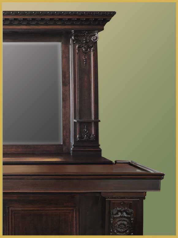Carved Walnut Saloon Front & Back Bar, with Beveled Mirror