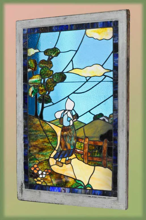 Vertical Stained Glass Window, with Dutch Scene - Wooden Nickel