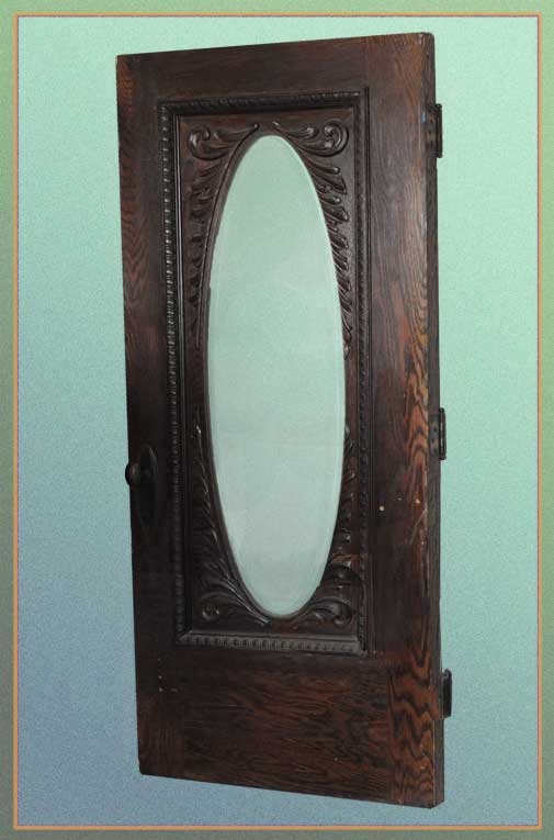 Oak Entry Door, with Oval Center Window & Floral Carvings