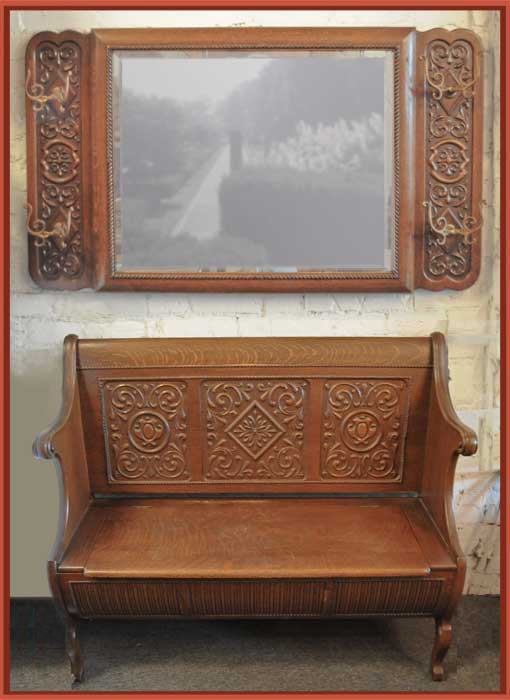 Carved Oak Bench & Mirror Combo