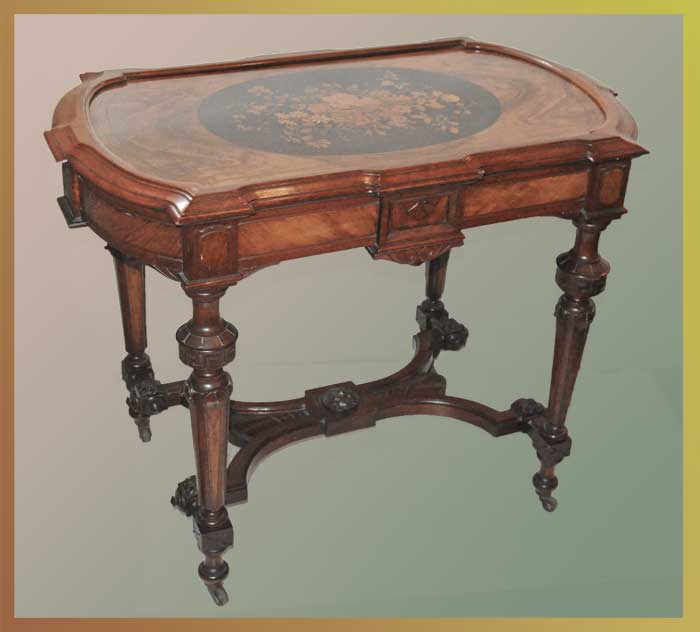 Walnut Victorian Center Table, with Inlaid Art