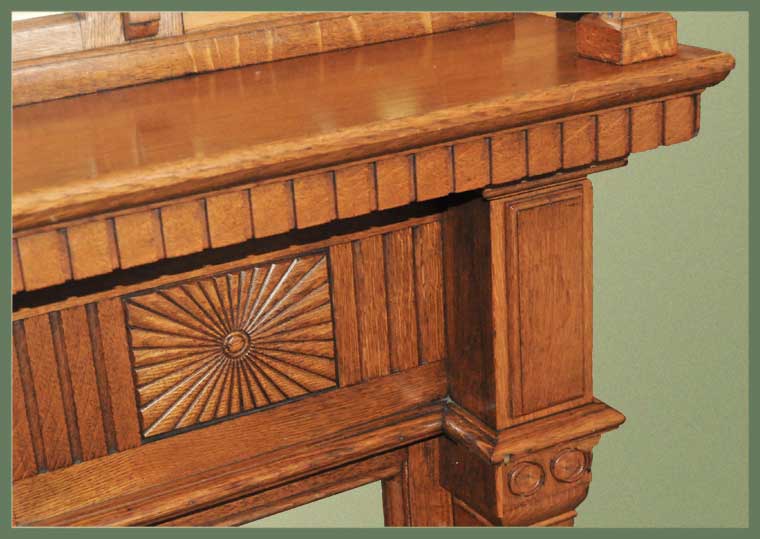 Carved Oak Full Mantel, with Beveled Back Mirrors