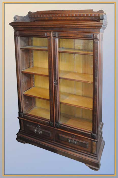 Two Door Walnut Eastlake Bookcase, Antique Glass Bookcase With Drawers