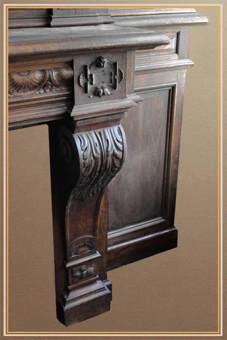 French Carved Oak Full Mantel, with Mirror