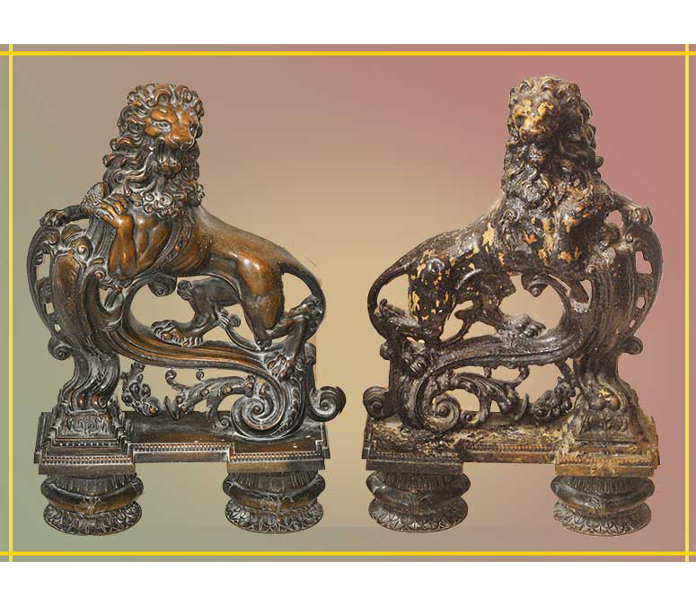 pair of bronze lion andirons