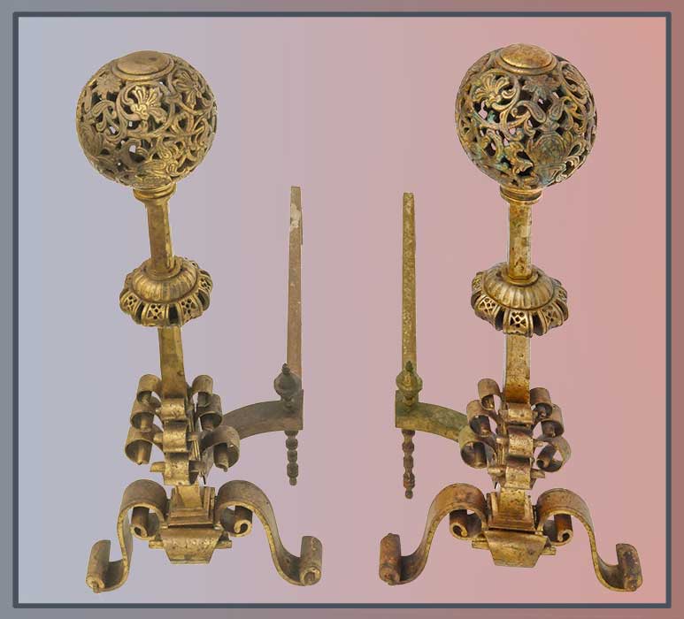 spherical ornamented andirons