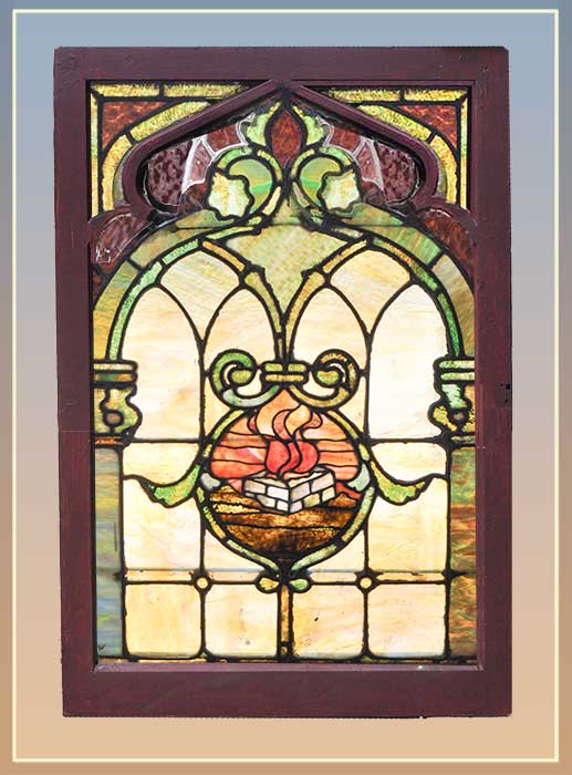 stained glass with flame emblem